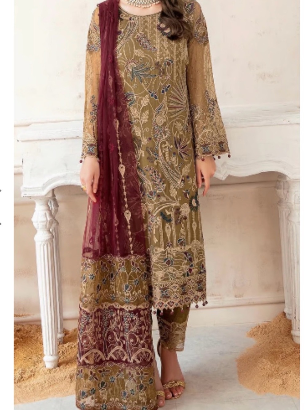Embroidered Browne  & Maroon floral dress Pakistani 3 PCs dress
